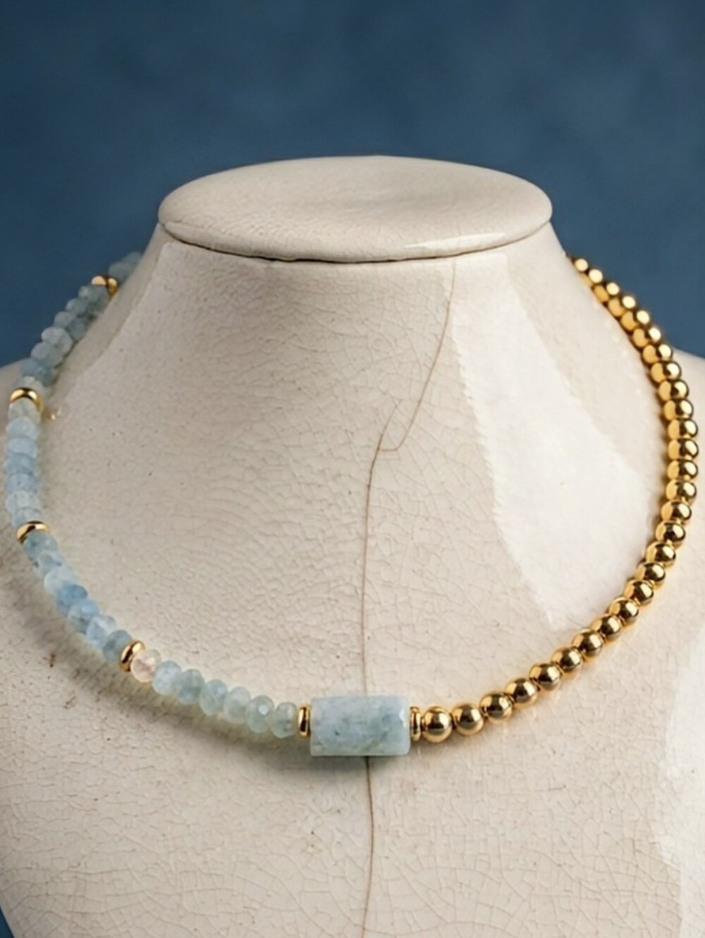 Natural Aquamarine & Gold Beads in Assymetrical Gold Plated Necklace Choker